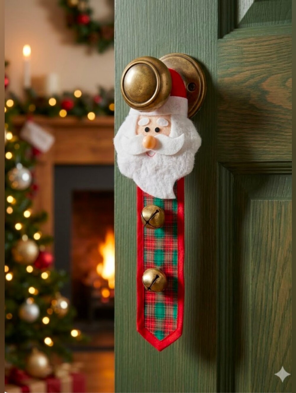 Santa Claus Door Knob Cover With 2 Attached Jingle Bells Red White Green Plaid